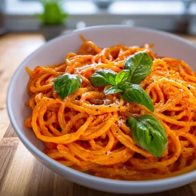 Creamy roasted red pepper pasta sauce served over fettuccine.