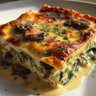Creamy spinach mushroom lasagna layered with cheese and fresh ingredients