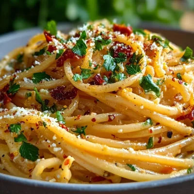 Creamy vegan caramelized onion pasta in a bowl garnished with herbs.