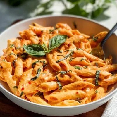 Creamy vegan cashew tomato pasta topped with fresh basil and served in a bowl.