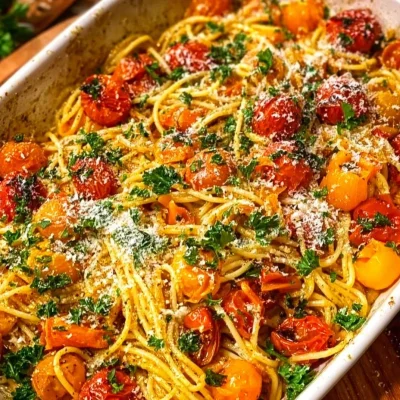 Creamy vegan pesto pasta topped with roasted cherry tomatoes in a bowl