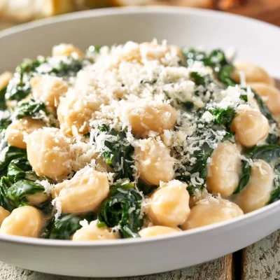 Creamy white beans with kale and Parmesan in a bowl