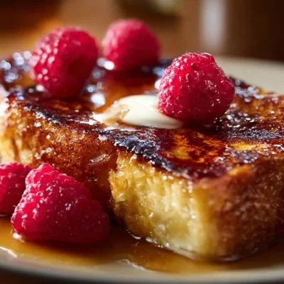A rich Crème Brûlée French Toast Casserole drizzled with caramelized sugar