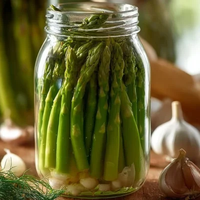Crisp pickled asparagus in a jar, perfect for snacking and meal prep.