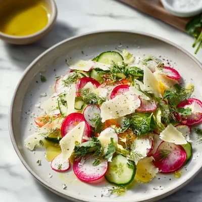 Crisp radish salad with Parmesan on a white plate, garnished with herbs.
