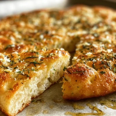 Freshly baked crispy Garlic Parmesan Focaccia bread topped with herbs and cheese