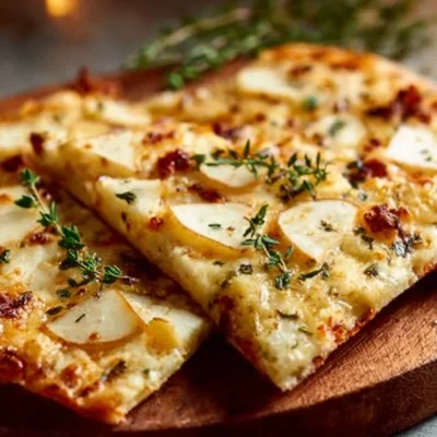 Crispy flatbread with brie and cranberries on a wooden serving board