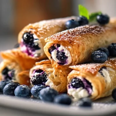 Crispy Keto blueberry cream cheese roll-ups on a plate with fresh blueberries