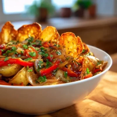 Crispy potato salad with fresh ingredients and a crunchy texture.