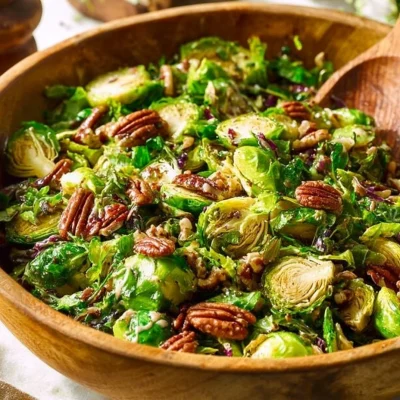 Crispy sautéed Brussels sprouts with pecans served in a bowl