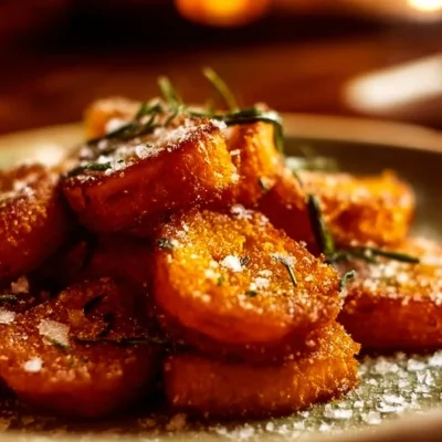 Crispy smashed carrots served on a plate, garnished with fresh herbs