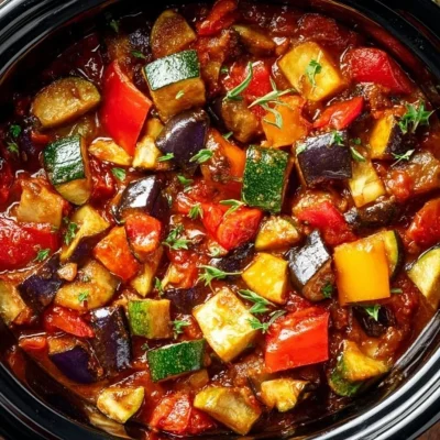 Crockpot Ratatouille dish served in a bowl with fresh vegetables