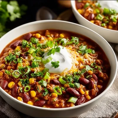 Bowl of delicious Crockpot Vegetarian Chili topped with fresh herbs