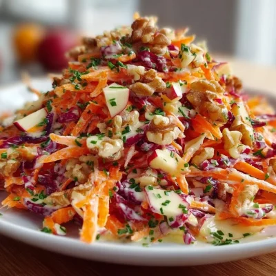 Crunchy apple carrot salad with creamy citrus dressing in a bowl