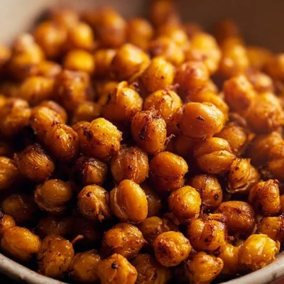 Bowl of crunchy roasted chickpeas seasoned with spices for a healthy snack.