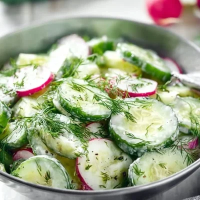 Bowl of Cucumber Dill Salad garnished with fresh dill and cucumber slices