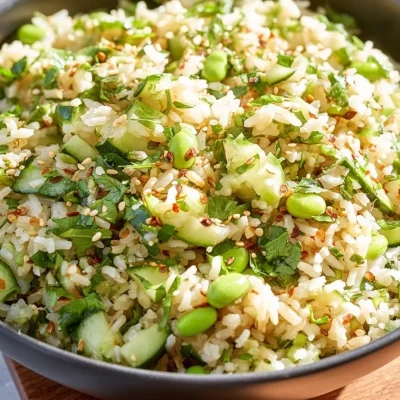 Cucumber Edamame Rice Salad topped with fresh vegetables in a bowl.