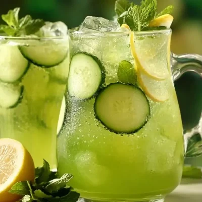 A glass of chilled cucumber lemonade with cucumber slices and lemon wedges