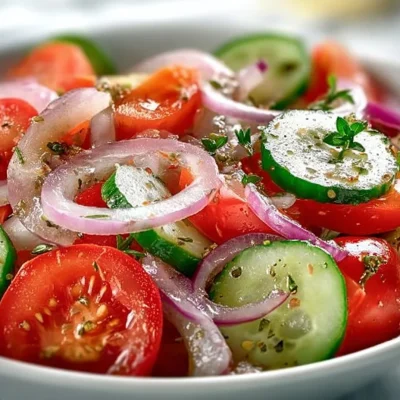 Fresh Cucumber, Onion, and Tomato Salad served in a bowl.
