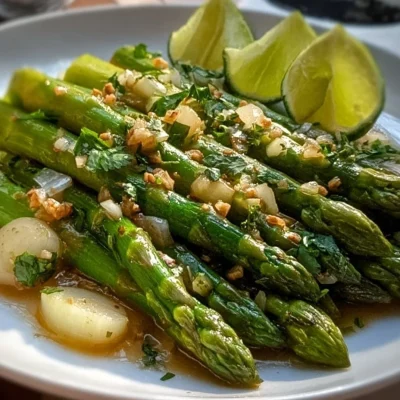 Plate of delicious sautéed asparagus garnished and ready to serve.