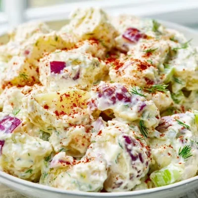 Delicious Dill Potato Salad garnished with fresh herbs.