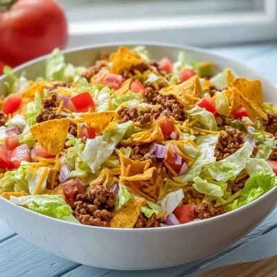 Delicious Doritos Taco Salad recipe with fresh ingredients and a crunchy topping.