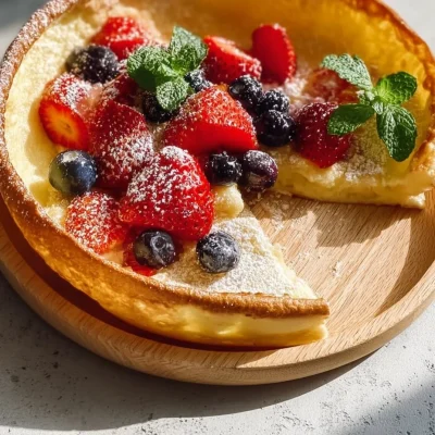 Image of a freshly baked Dutch Baby Pancake topped with fruits and powdered sugar