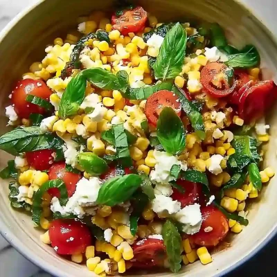 Dutch Corn Salad recipe in white ceramic bowl with raw corn, tomatoes, feta, and herbs