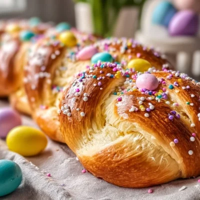 Freshly baked Easter Bread topped with colorful decorations.