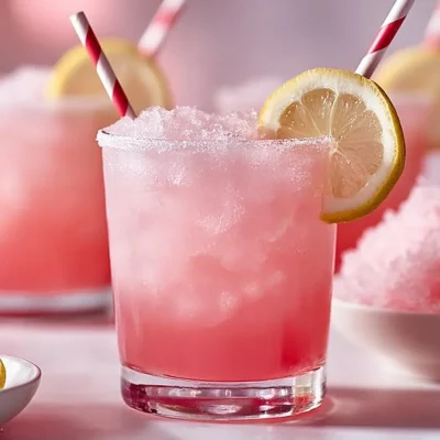 Refreshing pink lemonade punch served in a glass with ice and lemon slices.