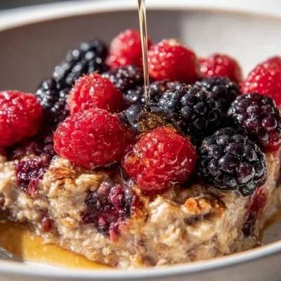 Delicious baked oatmeal casserole topped with fresh fruits and nuts
