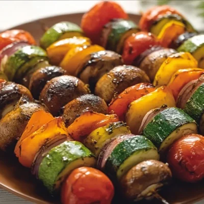 Colorful easy balsamic vegetable kebabs on the grill.
