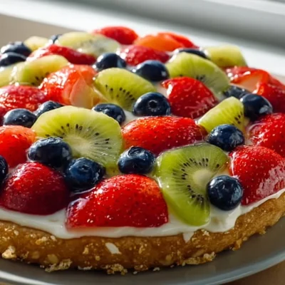 Colorful easy fruit pizza topped with fresh fruits and cream cheese frosting.