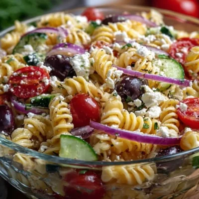 Delicious Easy Greek Pasta Salad with fresh vegetables and feta cheese