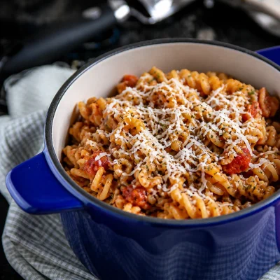 Delicious One-Pot Tomato Lentil Pasta served in a bowl with fresh herbs.