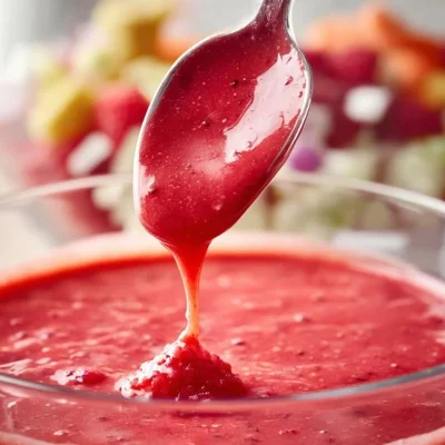 Bottle of easy raspberry vinaigrette dressing on a kitchen counter