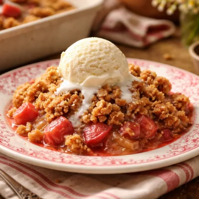 A warm rhubarb crisp topped with a crunchy oat mixture, served with ice cream.