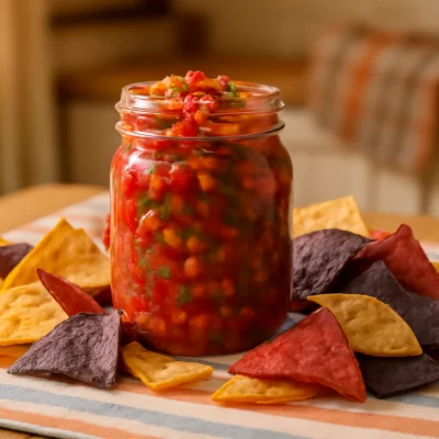 Bowl of tangy rhubarb salsa with fresh ingredients like jalapeños and cilantro.