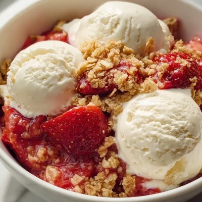 Delicious homemade easy strawberry crumble dessert served in a bowl