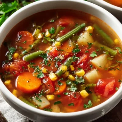 Bowl of easy homemade vegetable soup with fresh ingredients and herbs
