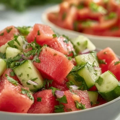 Bowl of easy watermelon cucumber salad with fresh ingredients.