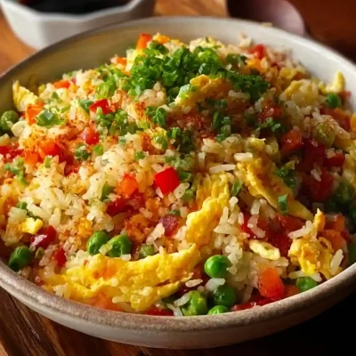 Egg fried rice with scrambled eggs, peas, red peppers, and herbs in a white bowl.