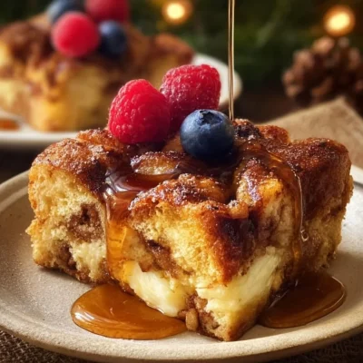 Delicious Eggnog French Toast Bake served with syrup and whipped cream.