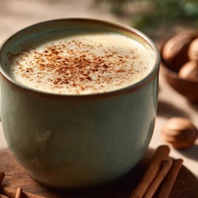 Delicious homemade eggnog latte topped with frothy milk and nutmeg