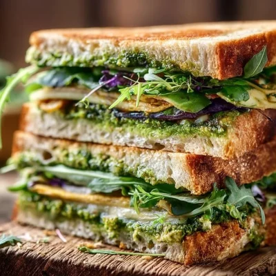 Eggplant Pesto Sandwich served on a plate with fresh ingredients.