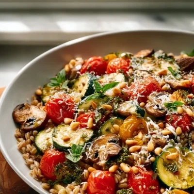 A vibrant Farro Salad with blistered tomatoes and fresh pesto on a plate.