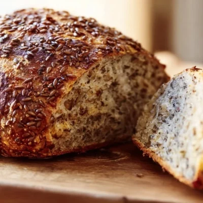 Loaf of healthy flourless flaxseed bread on a wooden board