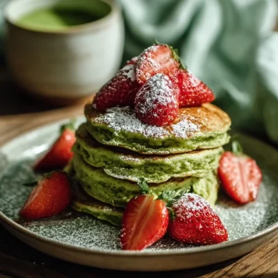 Fluffy green pancakes with fresh strawberries on a plate