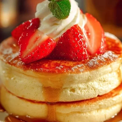 Fluffy Japanese soufflé pancakes served with syrup and fruit