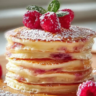Fluffy rhubarb soufflé pancakes served on a plate with syrup and berries